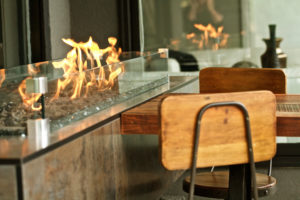 Burning Outdoor fireplace,chairs